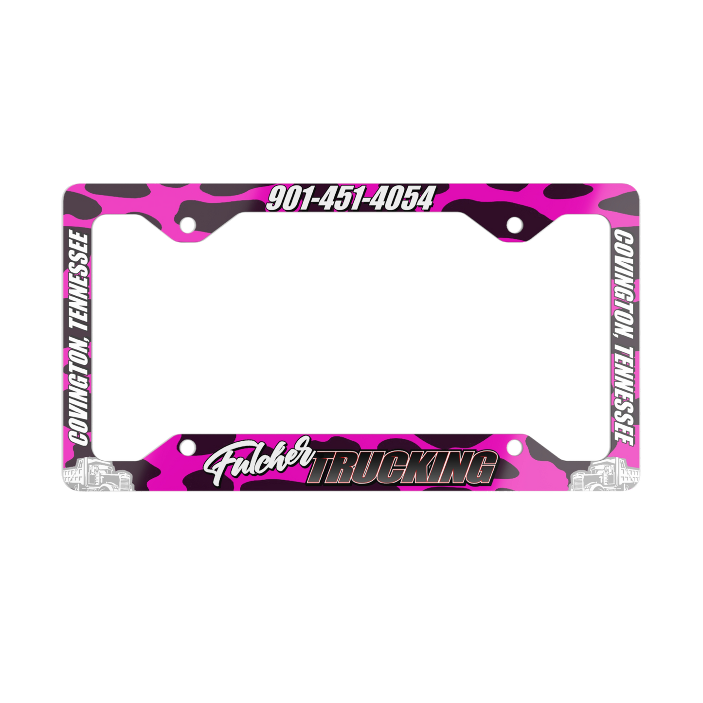 Pink Cow Print Fulcher Trucking Plate Frame